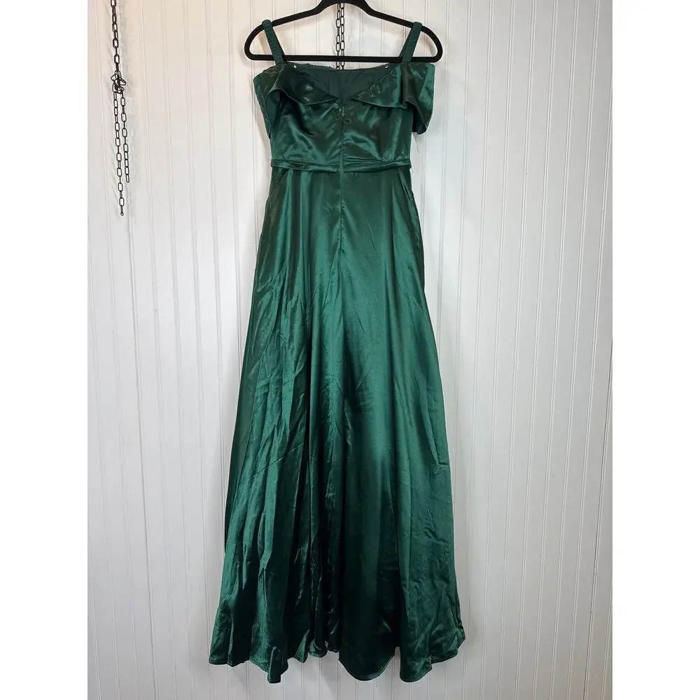 NWT Lulus Greatest Hits Forest Green Satin Off-the-Shoulder Maxi Dress Size M